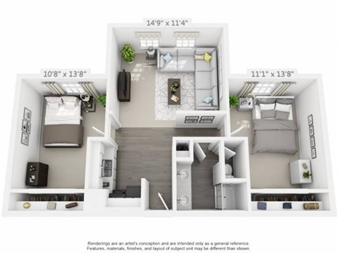 Floor plan for 2 beds, 1 bath, 750 sqft